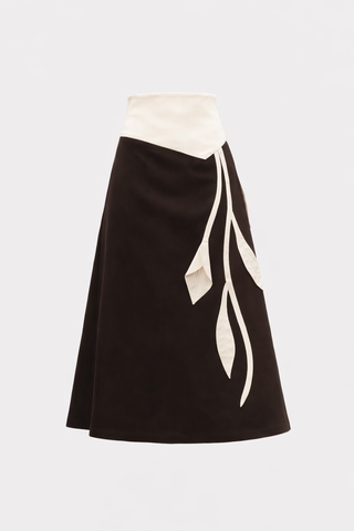 Smart-Casual Flared Midi Skirt, Floral Detail - Brown-White