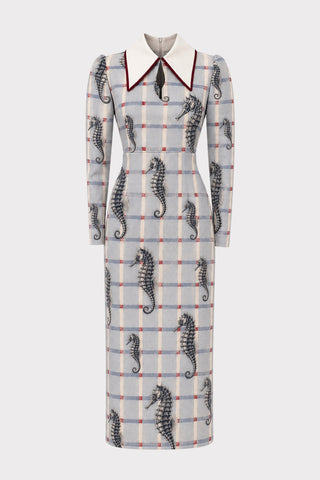 Solid Formal Midi Dress Pale Blue Seahorse Grid Print - Capsule Edition