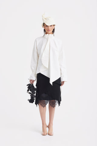 High Neck Draped Cotton Blouse - White
