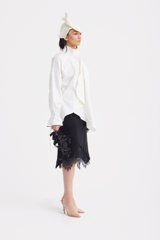 High Neck Draped Cotton Blouse - White