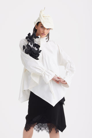 High Neck Draped Cotton Blouse - White