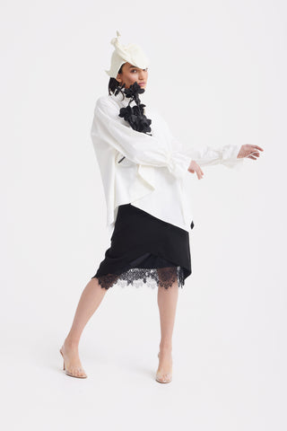 High Neck Draped Cotton Blouse - White