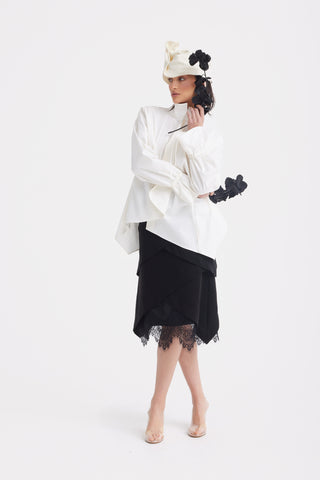 High Neck Draped Cotton Blouse - White