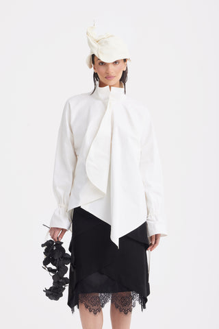 High Neck Draped Cotton Blouse - White