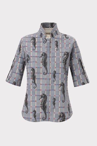 Stand Collar Short Sleeve Blouse – Pale Blue Seahorse Check Print – Capsule Edition