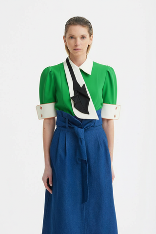 Statement Blouse With White Collar And Cuffs – Green