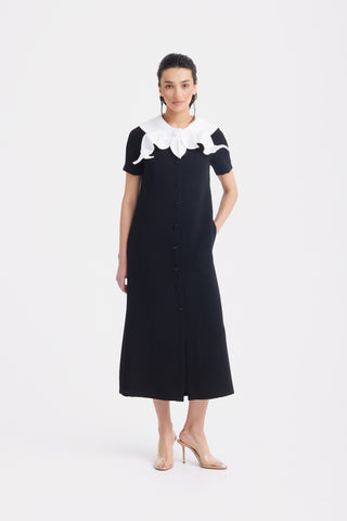 Straight Midi Shirt Dress With Adjustable Collar – Black