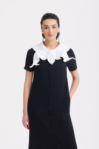 Straight Midi Shirt Dress With Adjustable Collar – Black