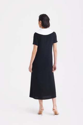Straight Midi Shirt Dress With Adjustable Collar – Black