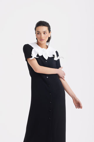 Straight Midi Shirt Dress With Adjustable Collar – Black