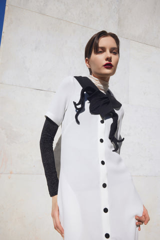 Straight Midi Shirt Dress With Adjustable Collar – White