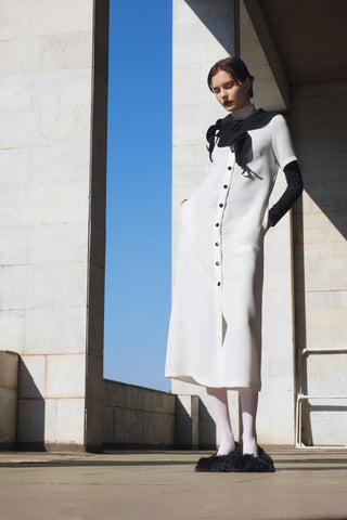 Straight Midi Shirt Dress With Adjustable Collar – White