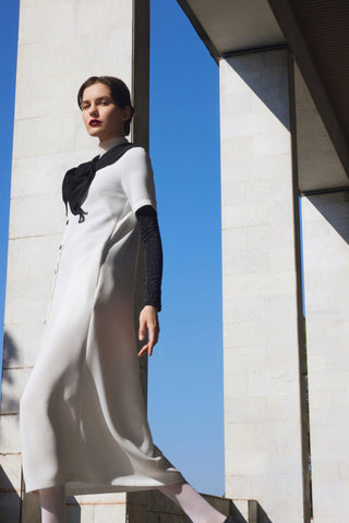 Straight Midi Shirt Dress With Adjustable Collar – White