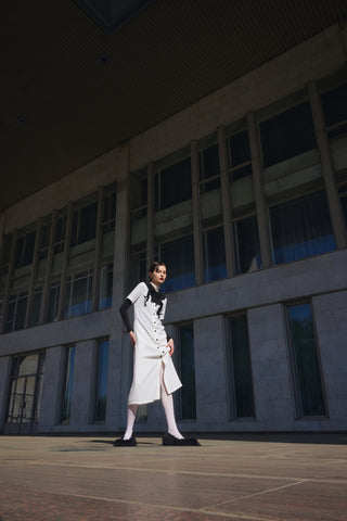 Straight Midi Shirt Dress With Adjustable Collar – White