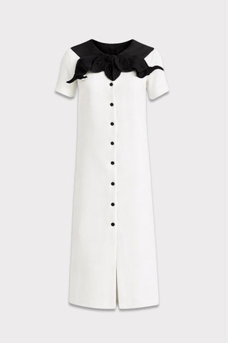 Straight Midi Shirt Dress With Adjustable Collar – White