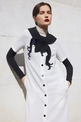 Straight Midi Shirt Dress With Adjustable Collar – White