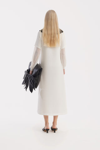 Straight Midi Shirt Dress With Adjustable Collar – White
