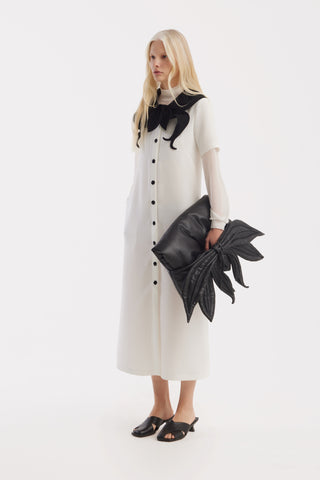 Straight Midi Shirt Dress With Adjustable Collar – White