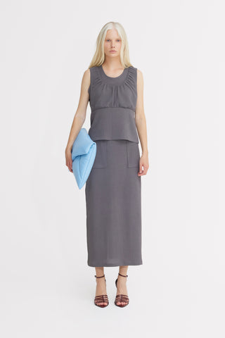 Summer Crinkled Sleeveless Top & Long Skirt Two-Piece Set - Grey