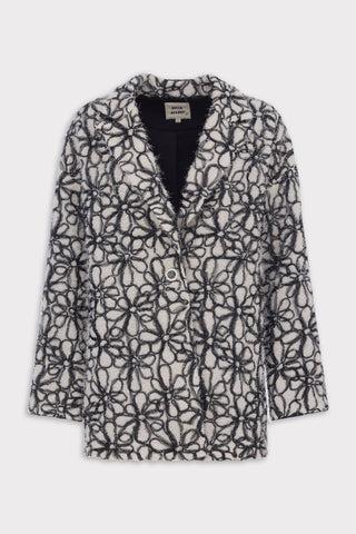 Textured Floral Jacket With Contrast Cuffs – Ivory & Black