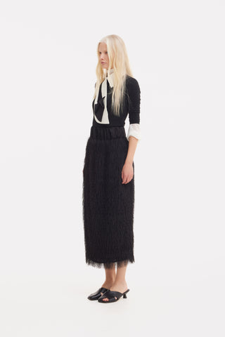 Textured Pile Column Midi Skirt – Black