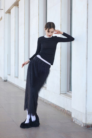 Textured Pile Column Midi Skirt – Black