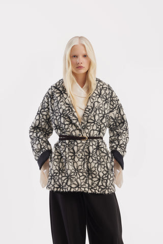 Textured Floral Jacket With Contrast Cuffs – Ivory & Black