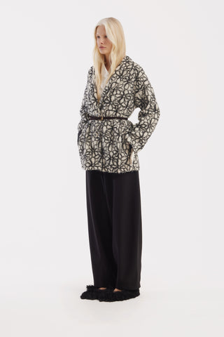 Textured Floral Jacket With Contrast Cuffs – Ivory & Black
