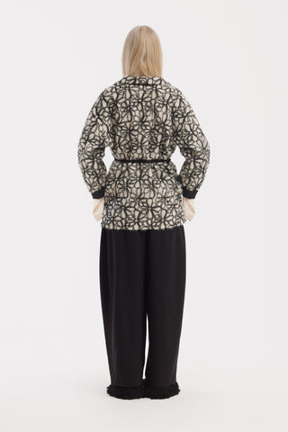 Textured Floral Jacket With Contrast Cuffs – Ivory & Black