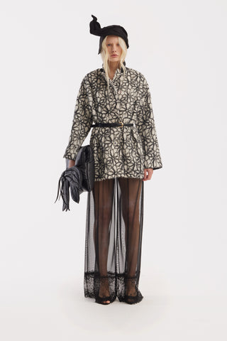 Textured Floral Jacket With Contrast Cuffs – Ivory & Black