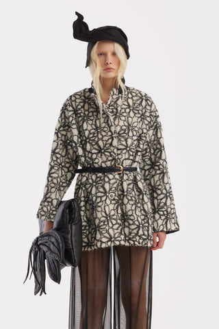 Textured Floral Jacket With Contrast Cuffs – Ivory & Black