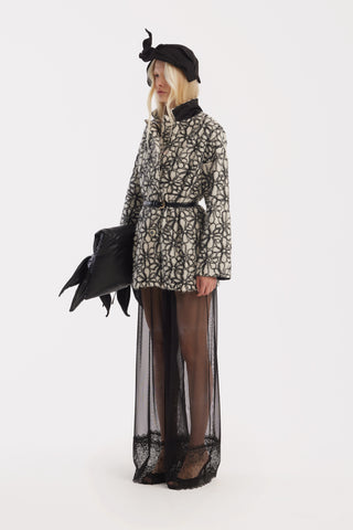 Textured Floral Jacket With Contrast Cuffs – Ivory & Black