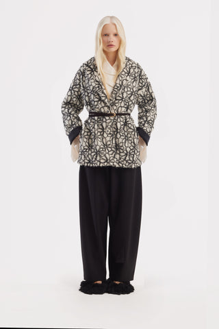 Textured Floral Jacket With Contrast Cuffs – Ivory & Black