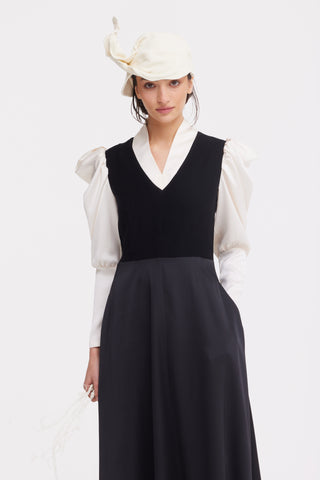 Two-Tone A-Line Midi Dress With Puff Sleeves – Black & Ivory
