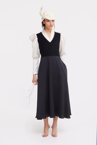 Two-Tone A-Line Midi Dress With Puff Sleeves – Black & Ivory