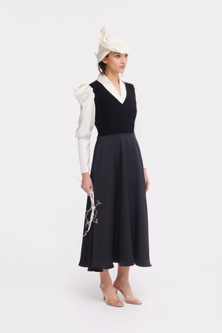 Two-Tone A-Line Midi Dress With Puff Sleeves – Black & Ivory