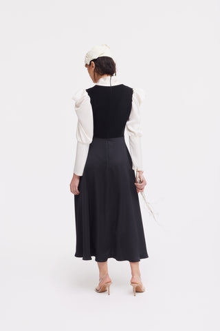 Two-Tone A-Line Midi Dress With Puff Sleeves – Black & Ivory