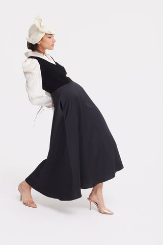 Two-Tone A-Line Midi Dress With Puff Sleeves – Black & Ivory