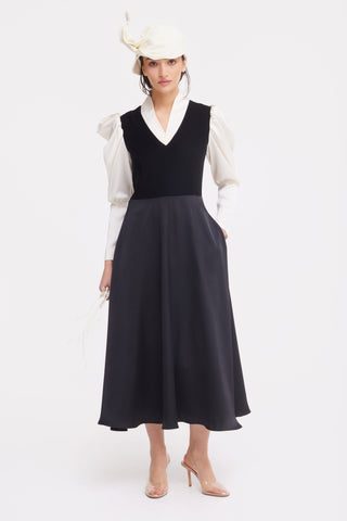 Two-Tone A-Line Midi Dress With Puff Sleeves – Black & Ivory