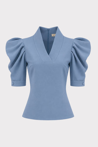 V-Neck Puff Sleeve Top - Blue