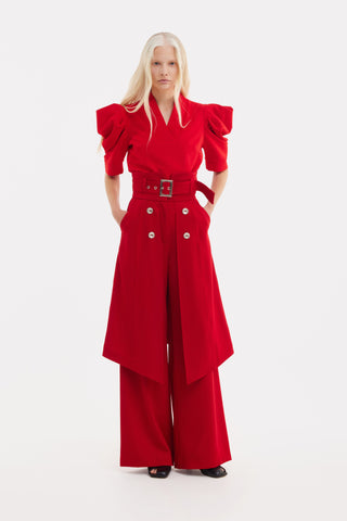 V-Neck Puff Sleeve Top - Red