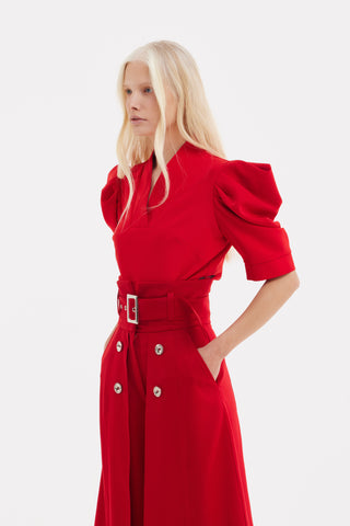 V-Neck Puff Sleeve Top - Red
