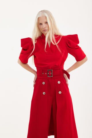 V-Neck Puff Sleeve Top - Red