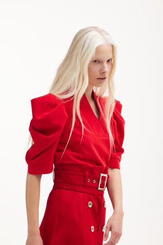 V-Neck Puff Sleeve Top - Red