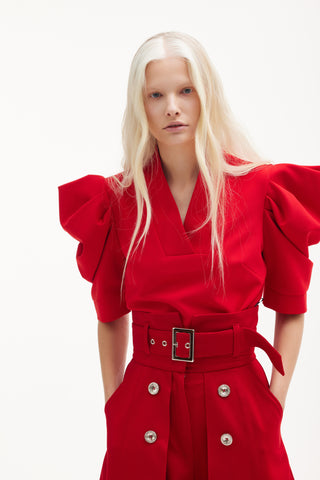 V-Neck Puff Sleeve Top - Red