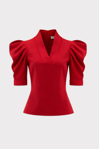 V-Neck Puff Sleeve Top - Red