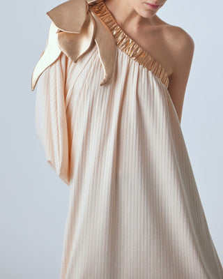 Luxury Elegance One-Sleeve Long Dress Rib Knit Peach Gold