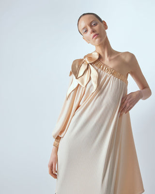 Luxury Elegance One-Sleeve Long Dress Rib Knit Peach