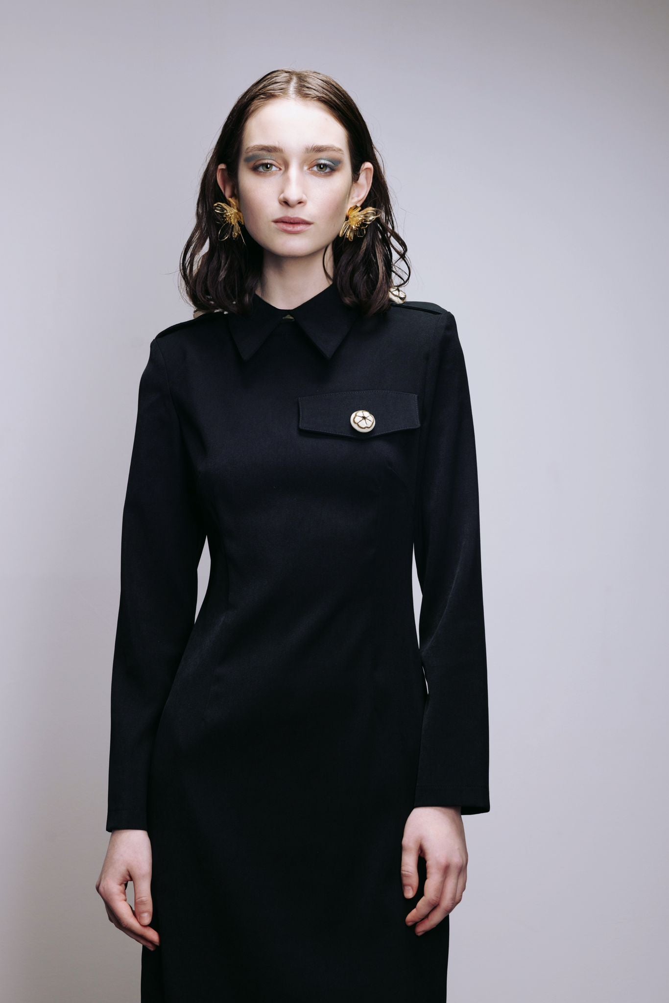 Fitted Long Sleeve Dress With Stand-Up Collar Black S Fitted Long Sleeve Dress With Stand-Up Collar Black S