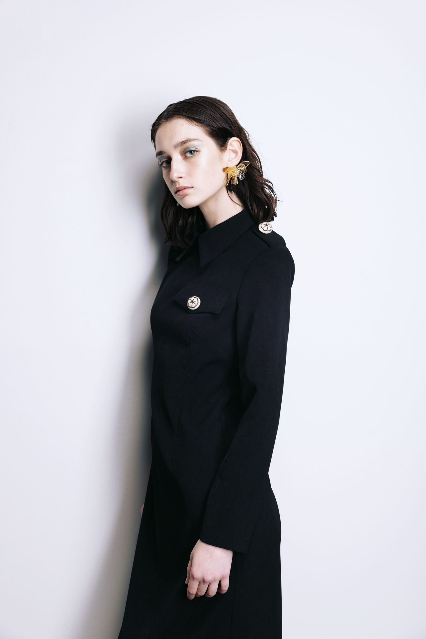 Fitted Long Sleeve Dress With Stand-Up Collar Black S Fitted Long Sleeve Dress With Stand-Up Collar Black S